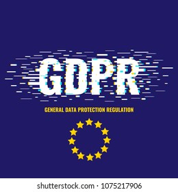 GDPR poster made with glitch noise pixel effect on blue background. European general data protection regulation concept. EU flag symbol. Vector header template. 

