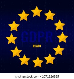 GDPR poster with stars and stream of binary code symbols and numbers on blue screen. Readiness and compliance for privacy policy law. European general data protection regulation vector concept.