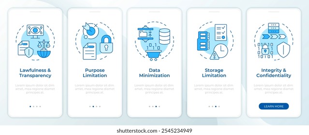 Principios del RGPD pantalla azul del App móvil de incorporación. Protección de datos. Instrucción gráfica editable de 5 pasos con conceptos lineales. PLANTILLA UI, UX, GUI