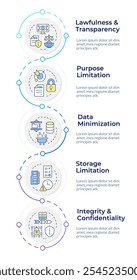 Modelo de design infográfico de princípios do GDPR. Regulamento geral sobre a proteção de dados. Visualização de dados com 5 opções. Processar fluxograma vertical