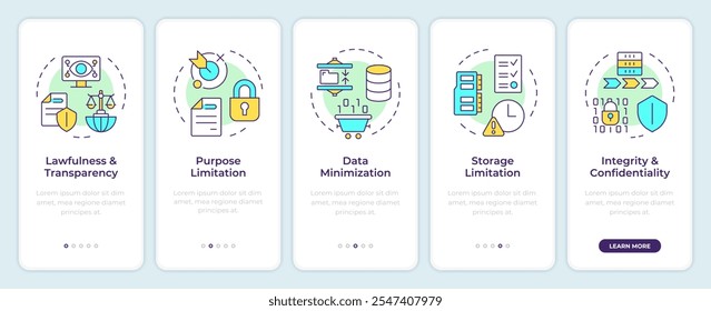 Principios del RGPD sobre la incorporación de la pantalla del App móvil. Protección de datos. Instrucciones gráficas editables de 5 pasos con conceptos lineales. PLANTILLA UI, UX, GUI