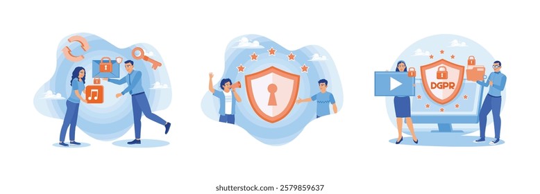 GDPR and privacy policy concept. Men protect personal data on the internet. General privacy regulations for personal data protection. General Privacy concept. Set flat vector illustration.