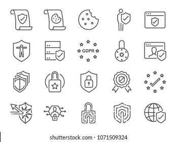 GDPR privacy policy icon set. Included the icons as security information, GDPR data protection, shield, cookies policy, compliant, personal data, padlock and more