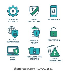 GDPR & Privacy Policy Icon Set with locks, padlocks and shields