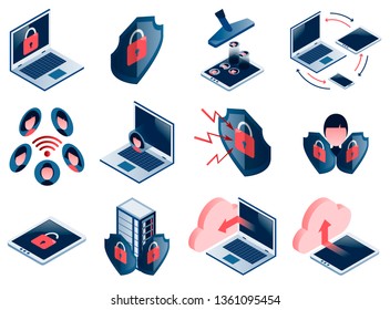 GDPR privacy policy icon set. Included the icons as security information, GDPR data protection, data server, cloud storage, shield, personal data etc.  