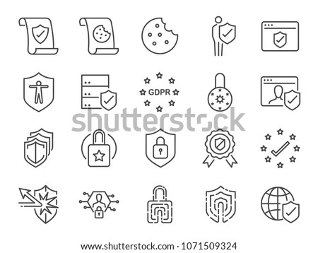 GDPR privacy policy icon set. Included the icons as security information, GDPR data protection, shield, cookies policy, compliant, personal data, padlock and more