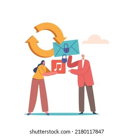 Gdpr And Privacy Politics Concept. Tiny People Protecting Data And Legal Information, Woman Exchange Media Files for Secure Envelope. General Privacy Regulation. Cartoon People Vector Illustration