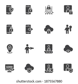 GDPR privacy vector icons set, modern solid symbol collection, filled style pictogram pack. Signs, logo illustration. Set includes icons as smartphone data protection, security information, cloud lock