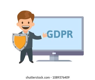 GDPR protector. Smiling cartoon character with a shield in front of the screen showing GDPR letters. Flat vector illustration. Isolated on white background.