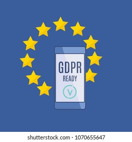 GDPR ready poster with smartphone and EU star flag on blue background. European general data protection regulation concept. Vector illustration. 