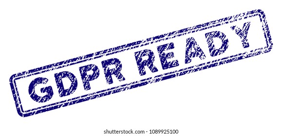 GDPR Ready rectangle stamp seal. Vector element with grainy design and dirty texture in blue color. Designed for overlay watermarks and grunge textured rubber seal imitations.
