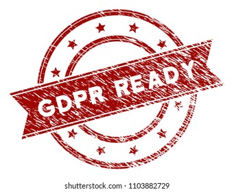 GDPR Ready rubber stamp seal. Vector element with distress style and corroded texture in red color. Designed for overlay watermarks and distressed seal imprints.