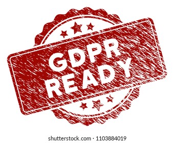 GDPR Ready rubber stamp seal. Vector element with distress design and dirty texture in red color. Designed for overlay watermarks and distressed seal imprints.
