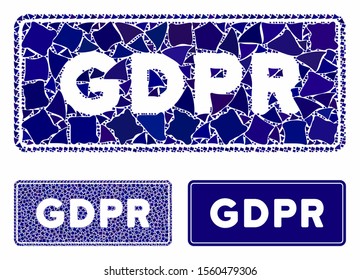 GDPR rectangle mosaic of rough parts in various sizes and color tones, based on GDPR rectangle icon. Vector raggy parts are grouped into mosaic. GDPR rectangle icons collage with dotted pattern.