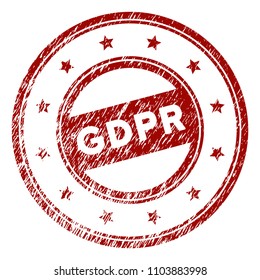 GDPR round rubber stamp seal. Vector element with distress design and dirty texture in red color. Designed for overlay watermarks and distressed seal imprints.