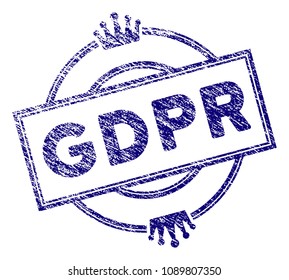 GDPR royal stamp seal. Vector element with grainy design and dirty texture in blue color. Designed for overlay watermarks and grunge textured rubber seal imitations.