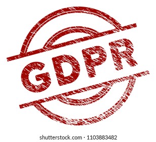 GDPR rubber stamp seal. Vector element with distress style and unclean texture in red color. Designed for overlay watermarks and distressed seal prints.