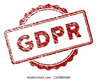 GDPR rubber stamp seal. Vector element with distress design and dirty texture in red color. Designed for overlay watermarks and distressed seal prints.