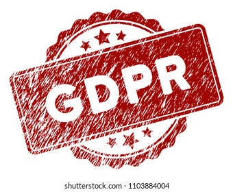 GDPR rubber stamp seal. Vector element with distress design and corroded texture in red color. Designed for overlay watermarks and distressed seal prints.