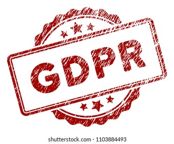 GDPR rubber stamp seal. Vector element with distress style and dust texture in red color. Designed for overlay watermarks and distressed seal prints.