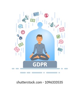 GDPR serenity. Meditating man feeling safe from information stream inside of glass dome. Flat vector illustration. Isolated on white background.