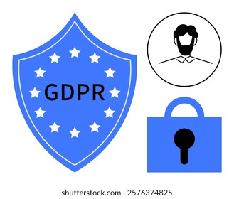 GDPR shield icon with stars, person in circular frame, and lock symbolize data protection and user privacy. Ideal for cybersecurity, data regulation, user privacy, digital security, internet safety