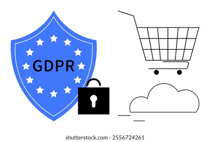 GDPR shield and lock, shopping cart, and cloud highlight data protection in e-commerce. Ideal for online shopping, data privacy, GDPR compliance, cybersecurity, internet safety. Minimalist vector