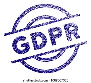 GDPR stamp seal. Vector element with grainy design and dust texture in blue color. Designed for overlay watermarks and grunge textured rubber seal imitations.