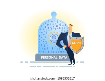 GDPR standard and online security. Shielded man protecting glass dome with digital and personal data. Flat vector illustration. Isolated on white background.