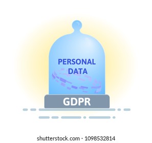 GDPR standard and personal data security. Glass dome with personal data and text messages. Flat vector illustration. Isolated on white background.
