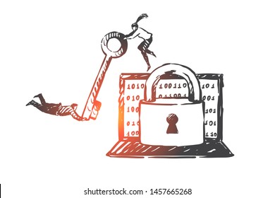 GDPR, success, teamwork, coworking, partnership concept sketch. Businessman and business woman flying and holding big key to lock on laptop with software symbols on screen. Hand drawn isolated vector