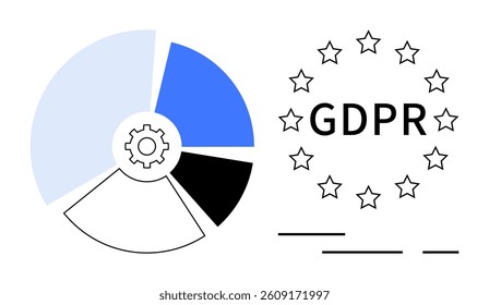GDPR text in center of star circle next to segmented pie chart in blue, black, and white. Ideal for cybersecurity, data protection, legal compliance, IT policy, internet privacy, regulation