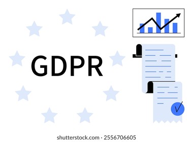 GDPR text at center surrounded by stars. On right, a chart with upward trend line and bar graph. Below, rolled papers with checkmark. Ideal for data protection, legal compliance, privacy