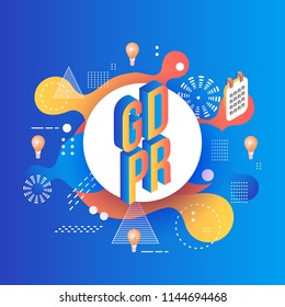 GDPR text design and calendar with light bulbs in isometric projection on bright abstract background with geometric shapes and textures in blue and orange gradient colors in vector illustration.