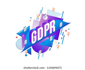 GDPR text design and calendars with light bulbs in isometric projection. General Data Protection Regulation vector illustration.