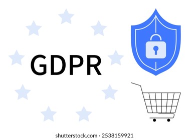 Texto GDPR com estrelas ao redor com símbolos de escudo e carrinho de compras. Ideal para privacidade proteção de dados conformidade segurança on-line e-commerce temas regulatórios. Estilo simples do vetor limpo