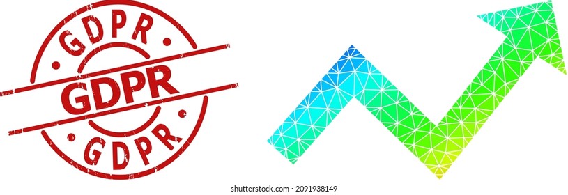 Gdpr strukturierte Stempelrobbe und Low-Poly-Regenbogen-farbige Trend-Up-Pfeil-Symbol mit Farbverlauf. Rote Stempelsiegel enthalten GDPR-Titel in Runde und Zeilenform.