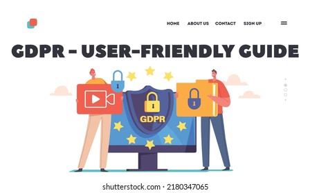 GDPR User Friendly Guide Landing Page Template. General Privacy Regulation For Protection Of Personal Data. Privacy Politics, Verification, Tiny Characters at Huge Pc. Cartoon Vector Illustration
