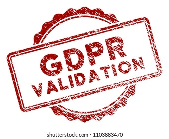 GDPR Validation rubber stamp seal. Vector element with distress design and dust texture in red color. Designed for overlay watermarks and distressed seal prints.