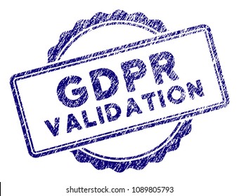 GDPR Validation stamp seal. Vector element with grainy design and unclean texture in blue color. Designed for overlay watermarks and grunge textured rubber seal imitations.