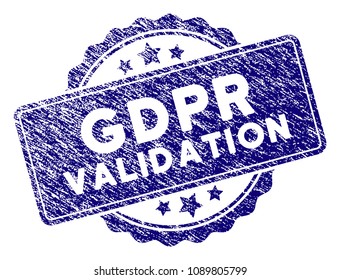 GDPR Validation stamp seal. Vector element with grainy design and dust texture in blue color. Designed for overlay watermarks and grunge textured rubber seal imitations.