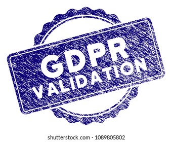 GDPR Validation stamp seal. Vector element with grainy design and dust texture in blue color. Designed for overlay watermarks and grunge textured rubber seal imitations.
