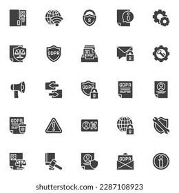 Juego de iconos vectoriales GDPR, colección moderna de símbolos sólidos, paquete de pictogramas estilo relleno. Señales, ilustración del logotipo. El conjunto incluye iconos como marketing por correo electrónico, datos personales, información de privacidad, documento de políticas