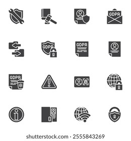 GDPR vector icons set, modern solid symbol collection, filled style pictogram pack. Signs, logo illustration. Set includes icons as Cyber Security, General Data Protection Regulation, Privacy System