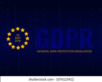 GDPR vector poster with stars and stream of binary code symbols and numbers on blue screen. Readiness and compliance for privacy policy law. European general data protection regulation concept.