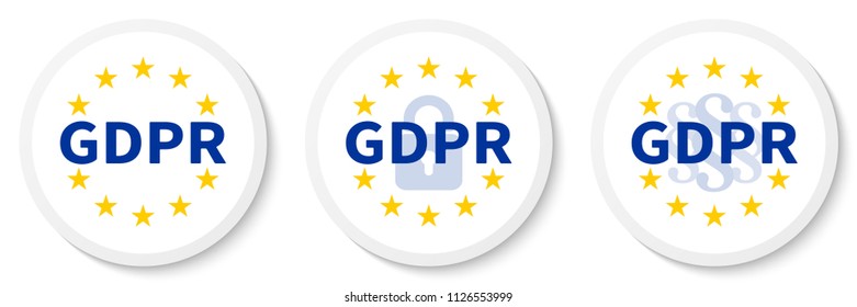 GDPR white circle sticker set with the EU flag, the padlock icon and paragraph marks.