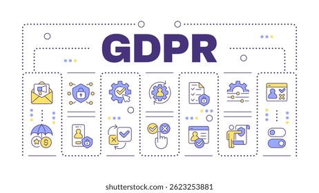 GDPR word concept isolated on white. General data protection regulation. Data protection system. Creative illustration banner surrounded by editable line colorful icons