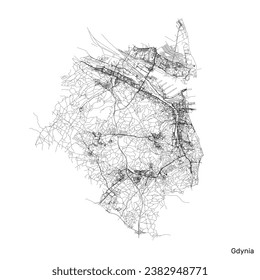 Gdynia city map with roads and streets, Poland. Vector outline illustration.