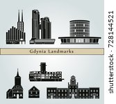 Gdynia landmarks and monuments isolated on blue background in editable vector file