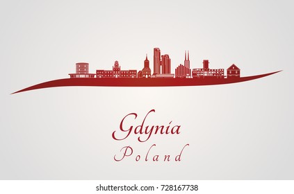 Gdynia skyline in red and gray background in editable vector file